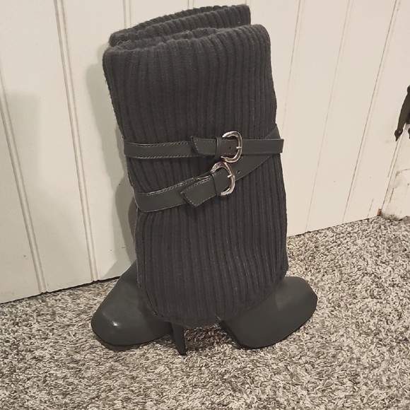 Dots Shoes - DOTS brand -Gray Ribbed Knit Boot Covers with Buckle Detail 4" Heel.